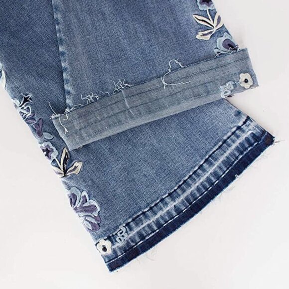 Blue Floral Embroidered Patch High Waisted Flare Bell Bottom Denim Jeans Y2K - Picture 8 of 9